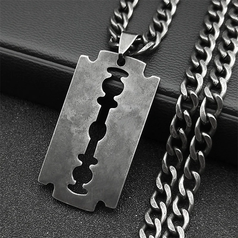 Punk Rock Blade Razor Shape Pendant for Women Men Stainless Steel Black Color Cool Boy Male Chain Necklace Jewelry N913S06