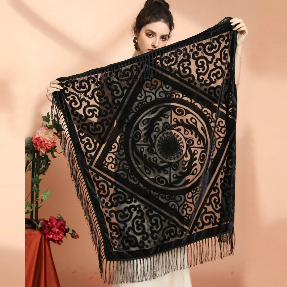 

New Retro Ethnic Style Velvet Jacquard Fringe Square Scarf Shawl Outerwear Warm Cheongsam Cape