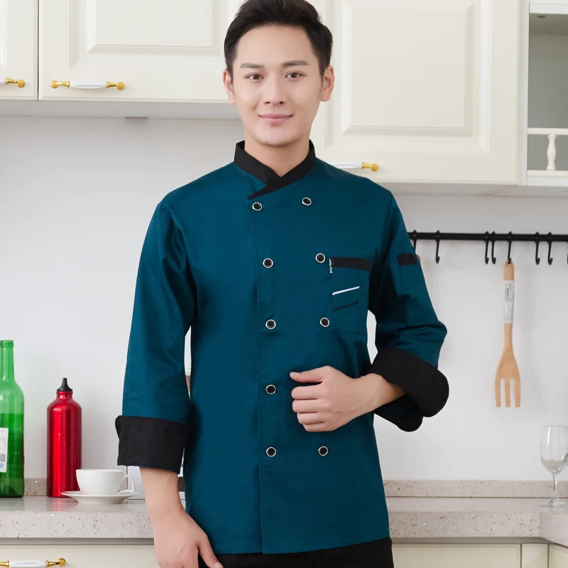 Chaqueta de Chef para hombre, camisa de manga larga, delantal, sombrero, abrigo de cocinero de panadería, ropa de pastelería, uniforme de camarero de restaurante, logotipo impreso