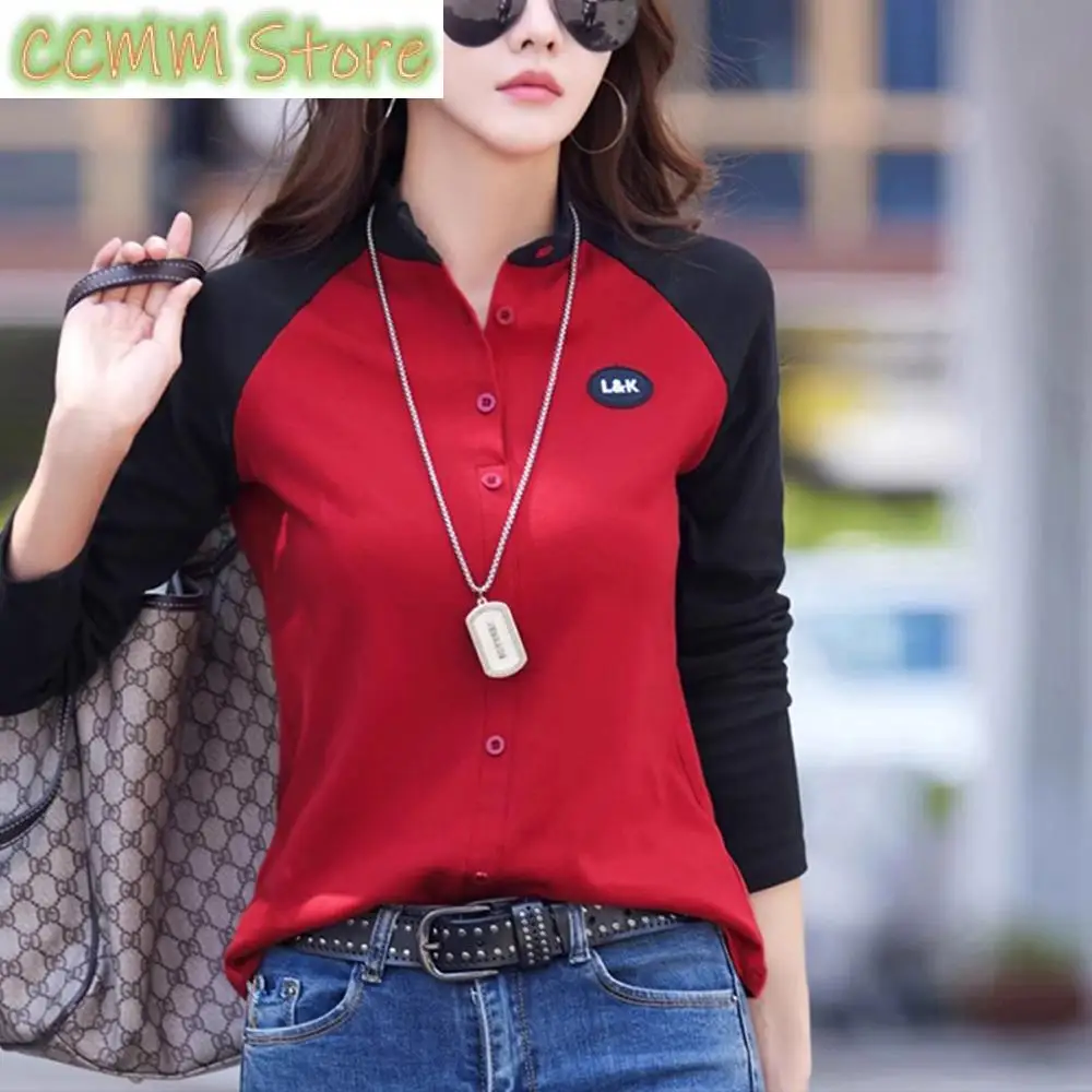 

Korean style stand up collar long sleeved T-shirt for women's autumn new high-end fashion light luxury pure cotton casual top