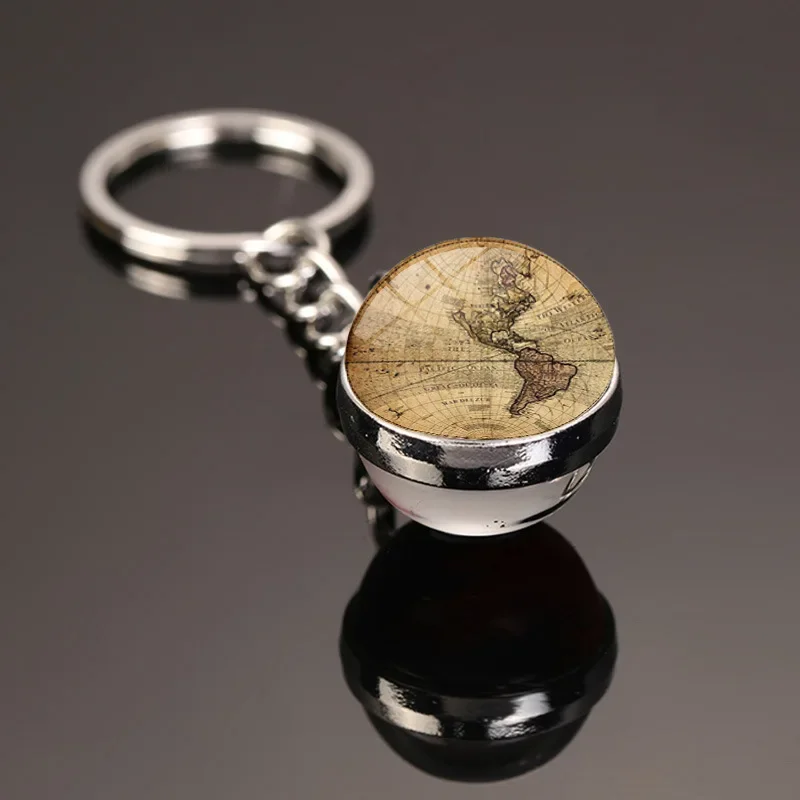 Dropshipping Retro World Map Double-Sided Glass Ball Keychain Accessory Pendant Key Chain DIY Gift