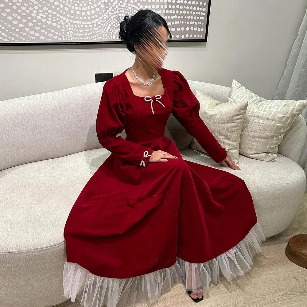 

Velour Red Formal Occasion Dresses 2024 Square Collar A-line Sexy Ball Gown Bow Long Sleeves Evening Party Gowns فساتين الحفلات