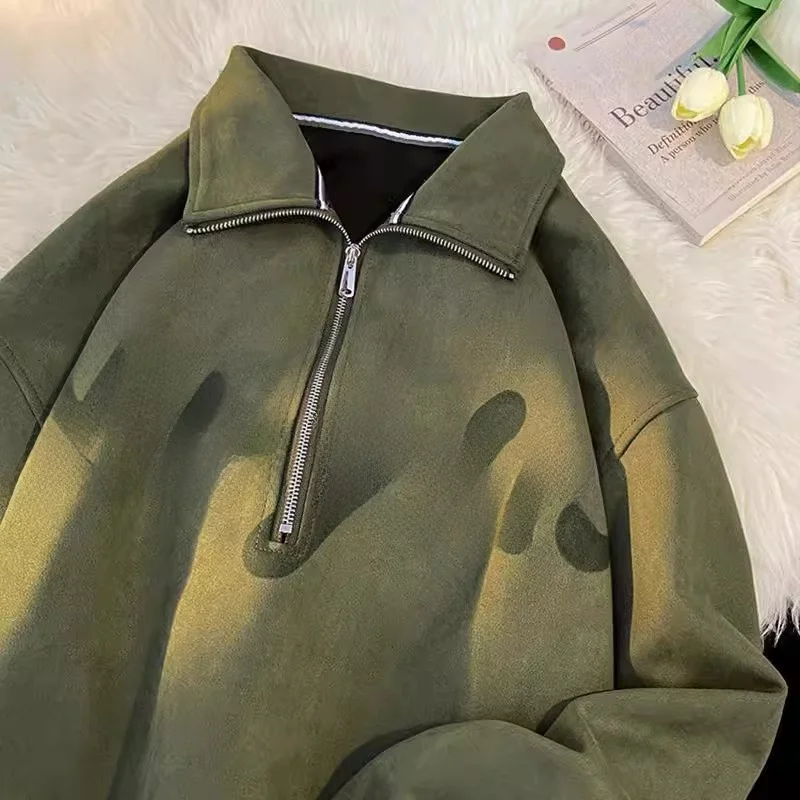 

Мужская толстовка с капюшоном большого размера, воротник на молнии, верхняя одежда для пар, американская ретро-сла, осенне-зимняя одежда больших размеров