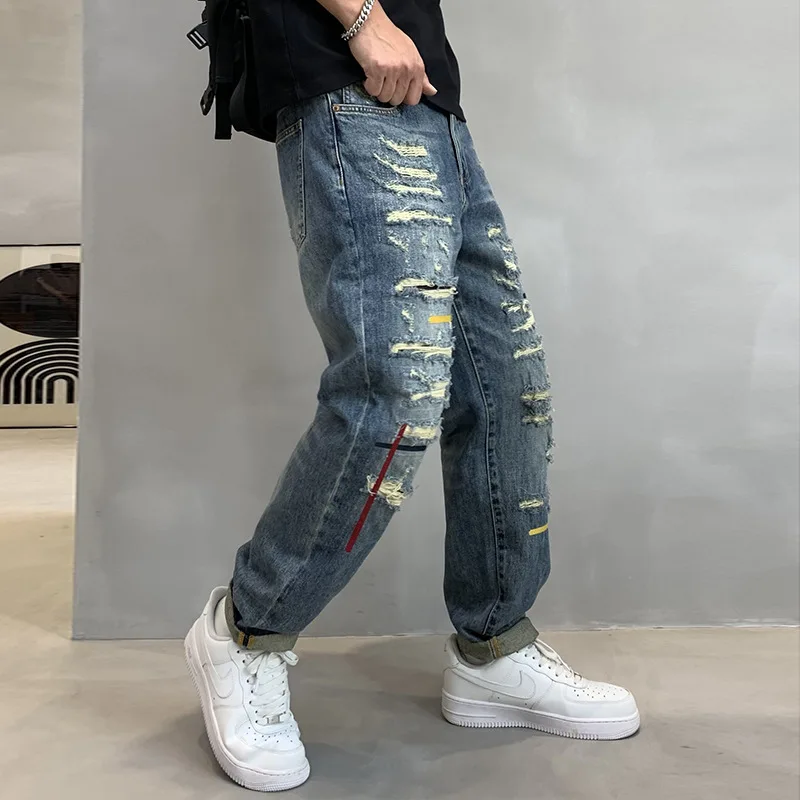 

newY2K men's work pants scratch washed nostalgic stretch slim fit retro washed blue work pants designer patchwork pants