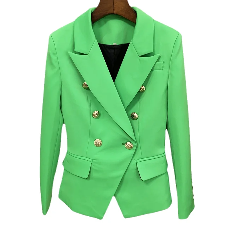 

High Quality Women's Blazer 2024 Spring Short New in Jackets Female Gold Lion's Head Button Women's Modern Blazers Green