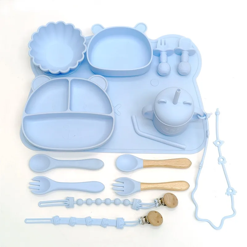 Children's Silicone Meal Plate Complementary Meal Plate Set Bear Cartoon Compartmentalized Complementary Plate with Suction Cups