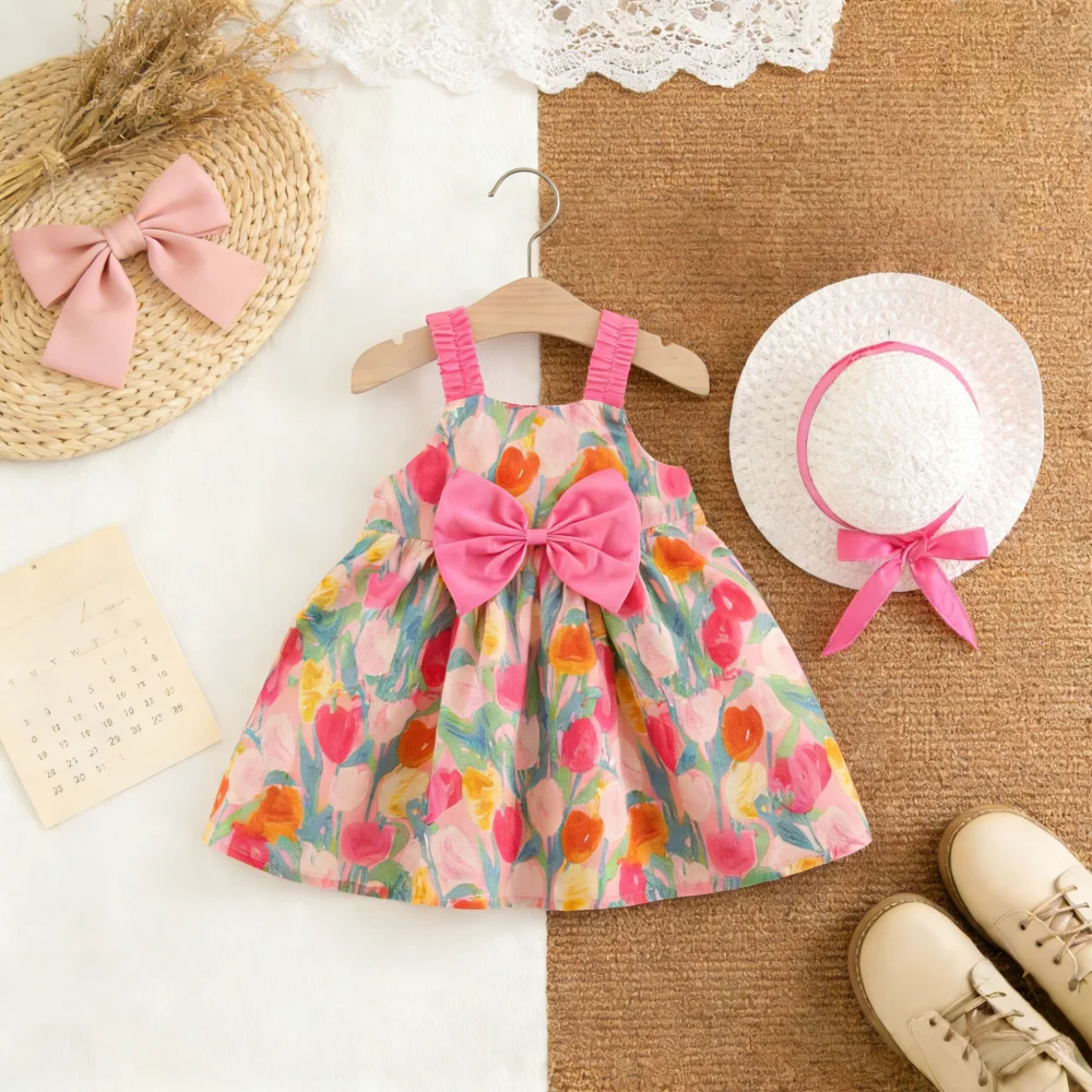 

Платье для девочек, летнее платье без бретелек с цветочным бантом для маленьких девочек, милое пляжное платье для малышей, одежда для маленьких девочек