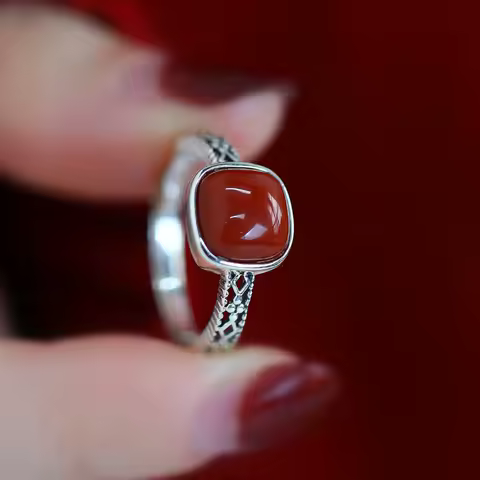 Retro simple Southern Red tourmaline rings for women silver 925 hollow out lace square ring adjustable high-end jewelry gift