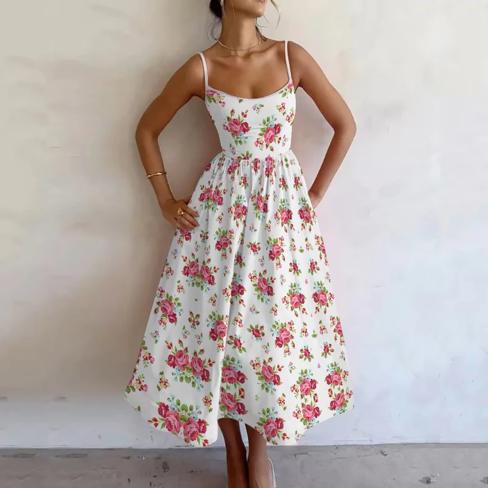 

Pastoral Flower Graphic Dress Fashion Waist Elegant Ladies Designer Style Suspender Dress New High Quality Fashion Party