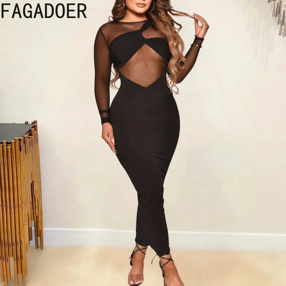 

FAGADOER Black Sexy Mesh Perspective Bodycon Mid Dresses 2024 Women Round Neck Long Sleeve Slim Vestidos Female Clubwear Dress