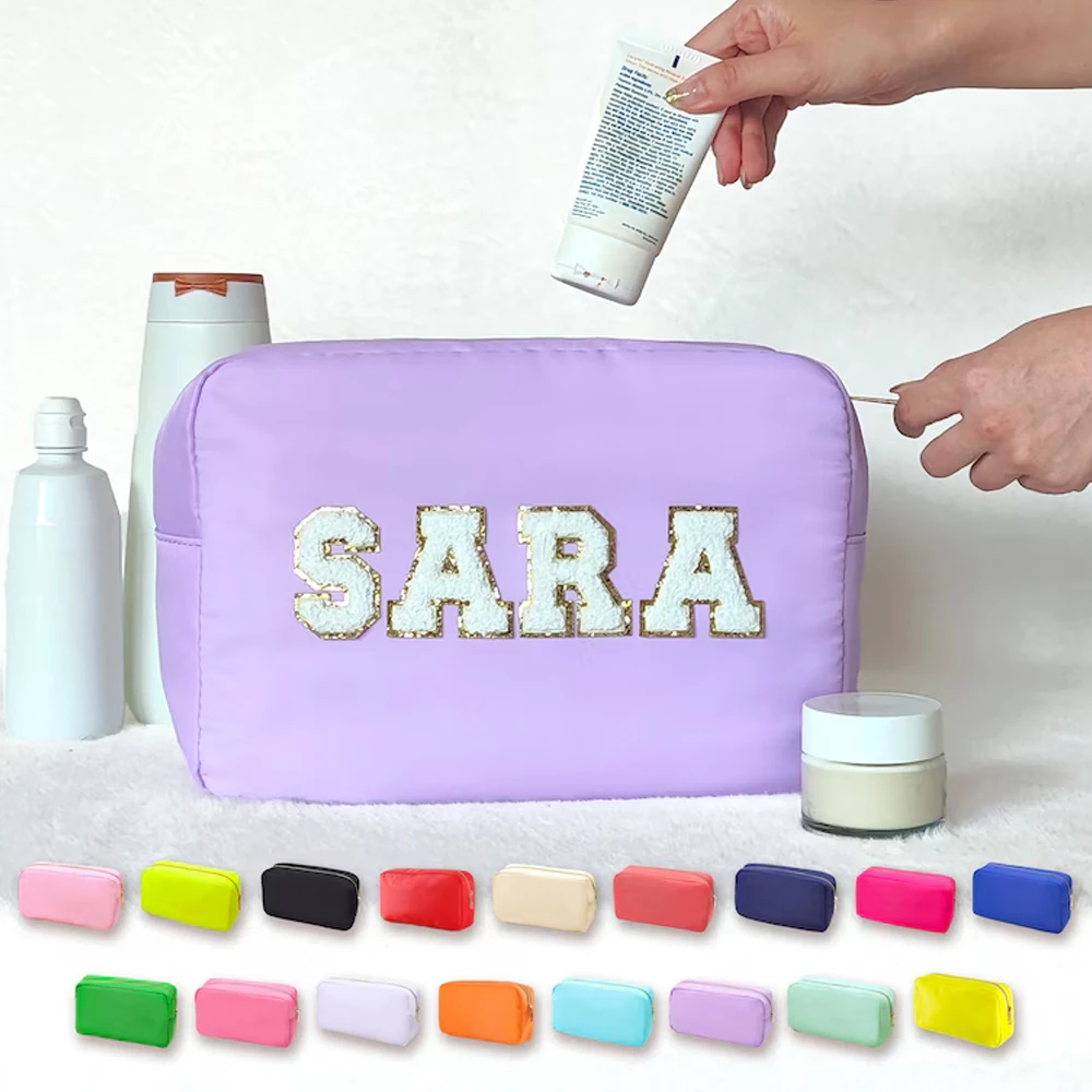 XL-Size Purple Cosmetic Bag Personalized Makeup Nylon Bag Custom Pouch Chenille Patch Large Travel Case Toiletry Bag Bride Gift