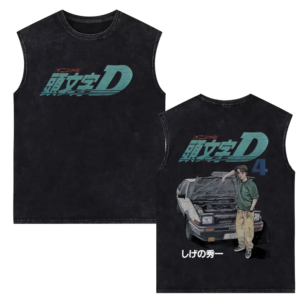 Anime Initial D Drift AE86 Takumi Fujiwara Redsuns Vintage Washed Tank Tops Men Women Manga Oversized Sleeveless Vest T-shirt