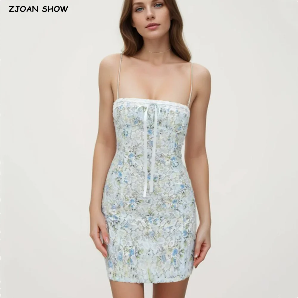 Sexy oco para fora buraco luz azul flor impressão rendas estilingue vestido feminino arco slash colarinho cintura fina pacote quadris mini robe verão