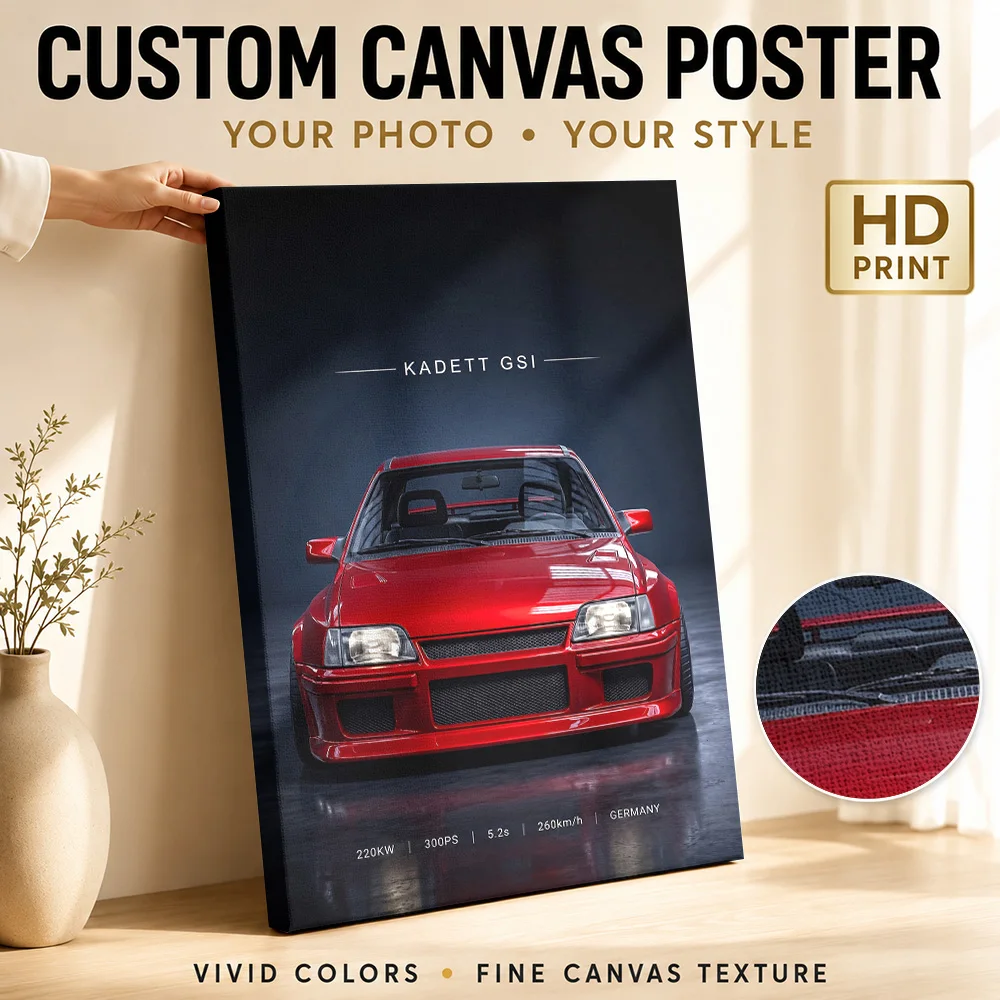 Red Sleek German Kadett Gsi Car Framed Canvas Print Poster Personalized Photo Dynamic Wall Art Garage Studio Decor Driver Gift