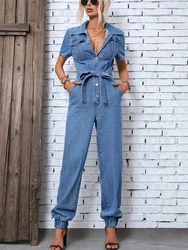 Streetwear Jeans Jumpsuits Summer Clothes Women 2024 Short Sleeve With Belt Denim Rompers Playsuits One Pieces Overalls Outfits