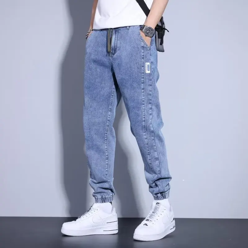 

Men's Drawstring Elastic Waist Baggy Harem Jeans Korean Fashion Slim F It Foot Binding Comfortable Streetwear Denim Jogger Pants