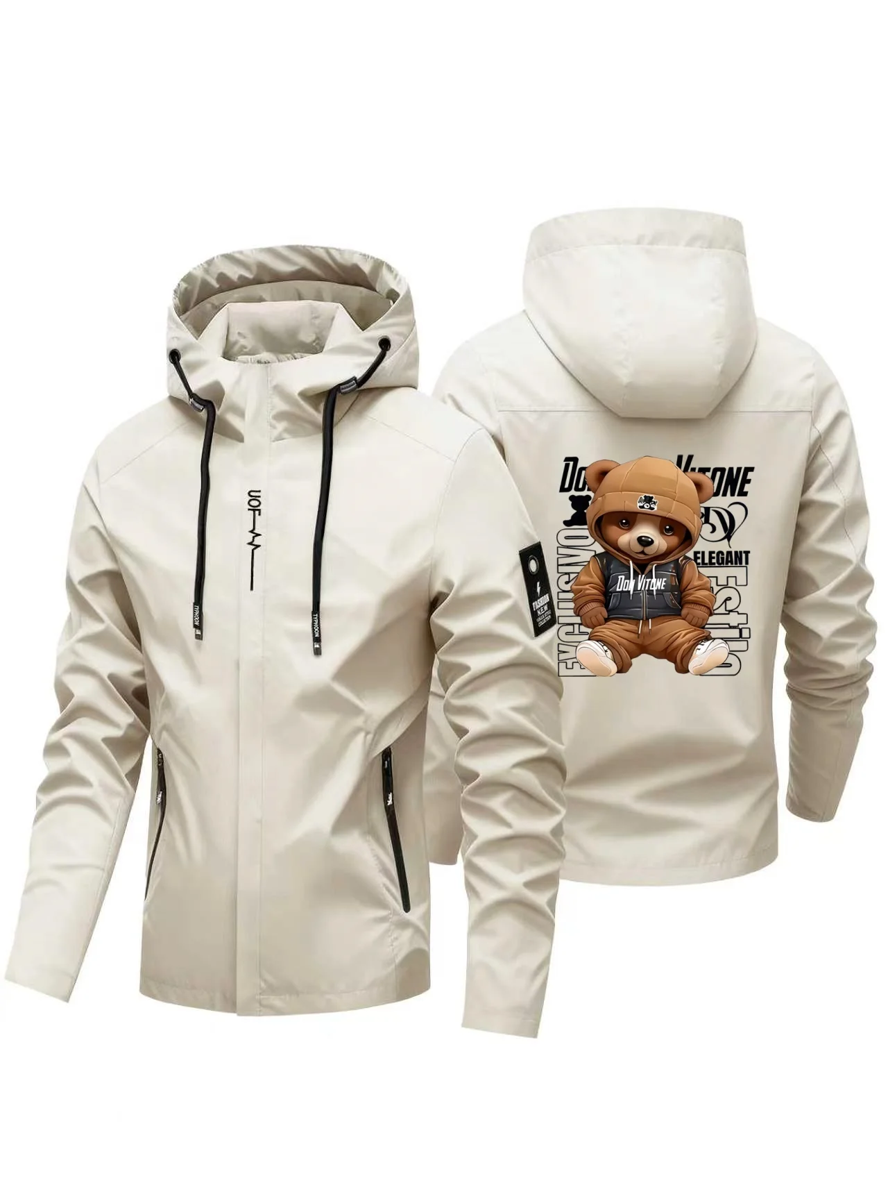 Multi-color Optional Men Cartoon Bear Character Graphic Print Hooded Coat, Windproof Waterproof Zipper Hoodie Outerwear