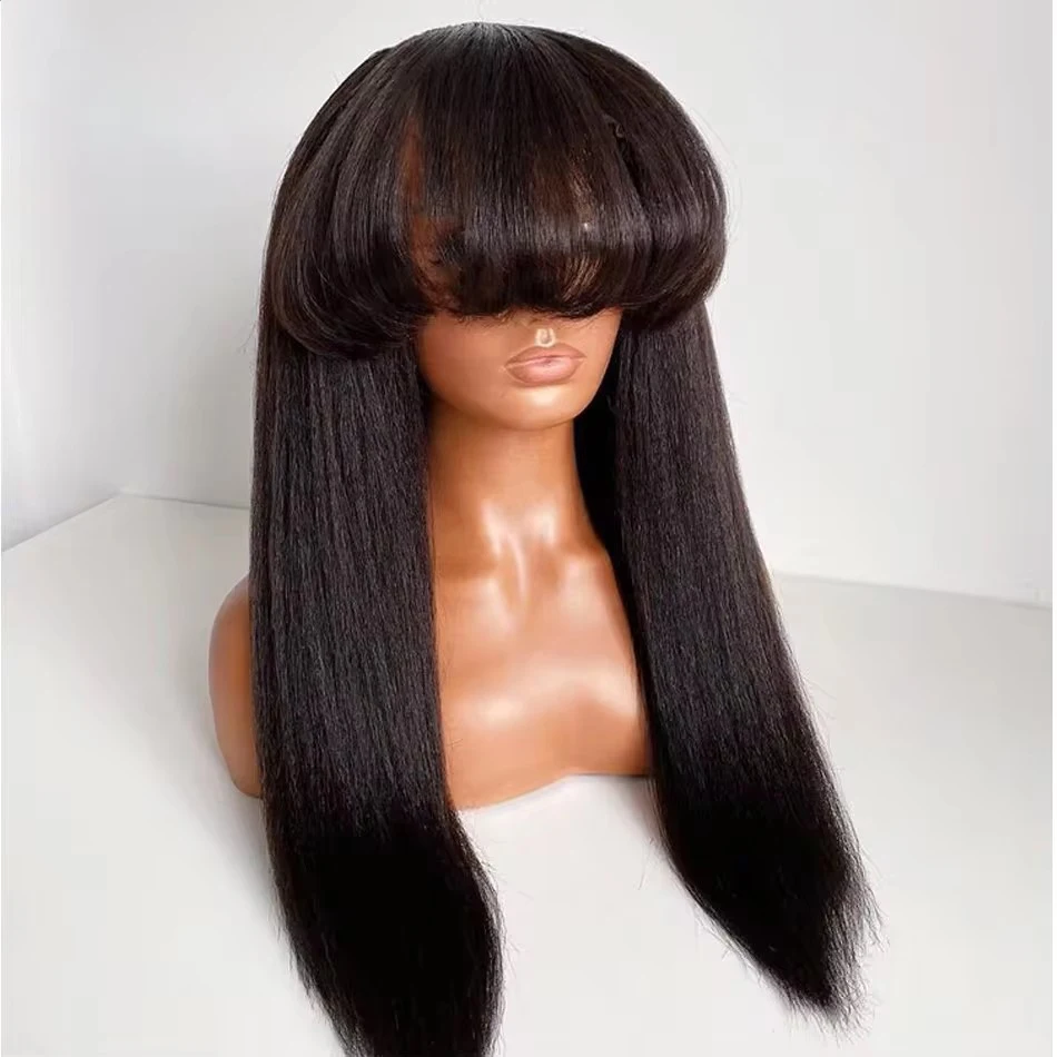 MXWIG Synthetic Hair Bangs Yaki Straight Glueless  Lace Front Wig For Black Women Preplucked 26 