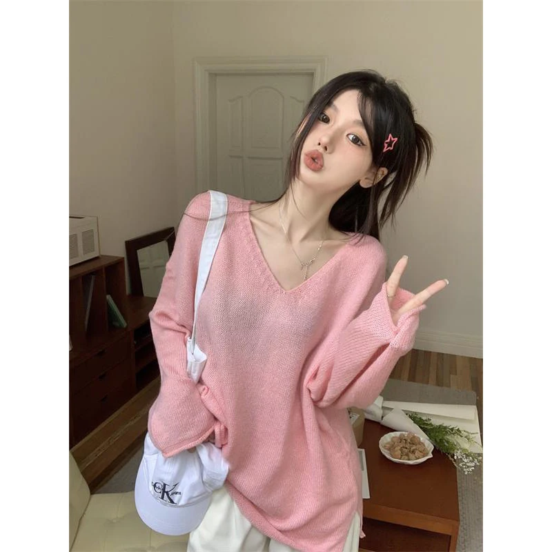 Fashion V-neck Long Sleeve Sweater Women Autumn Winter Loose Solid Color Knitwear Tops Sweet All-match Knitting Bottoming Shirt