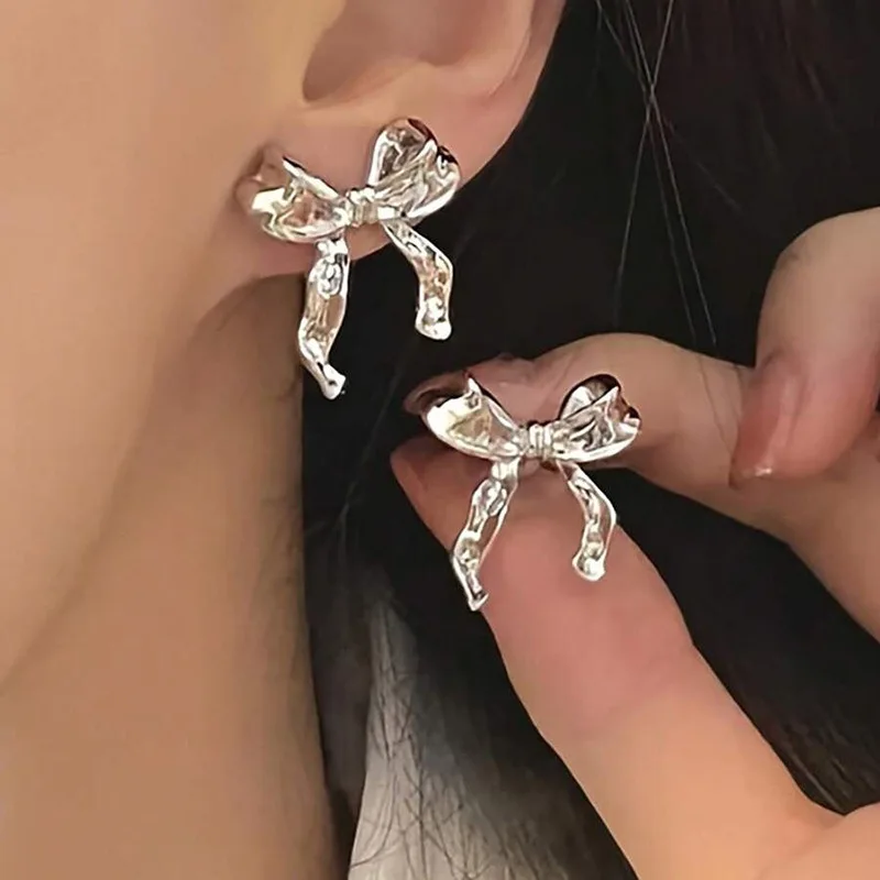 

KADRUFI Korean Fashion Ribbon Bow-knot Earrings for Women Cute Bow Metal Stud Earring Girls Charm Wedding Party Jewelry Gift