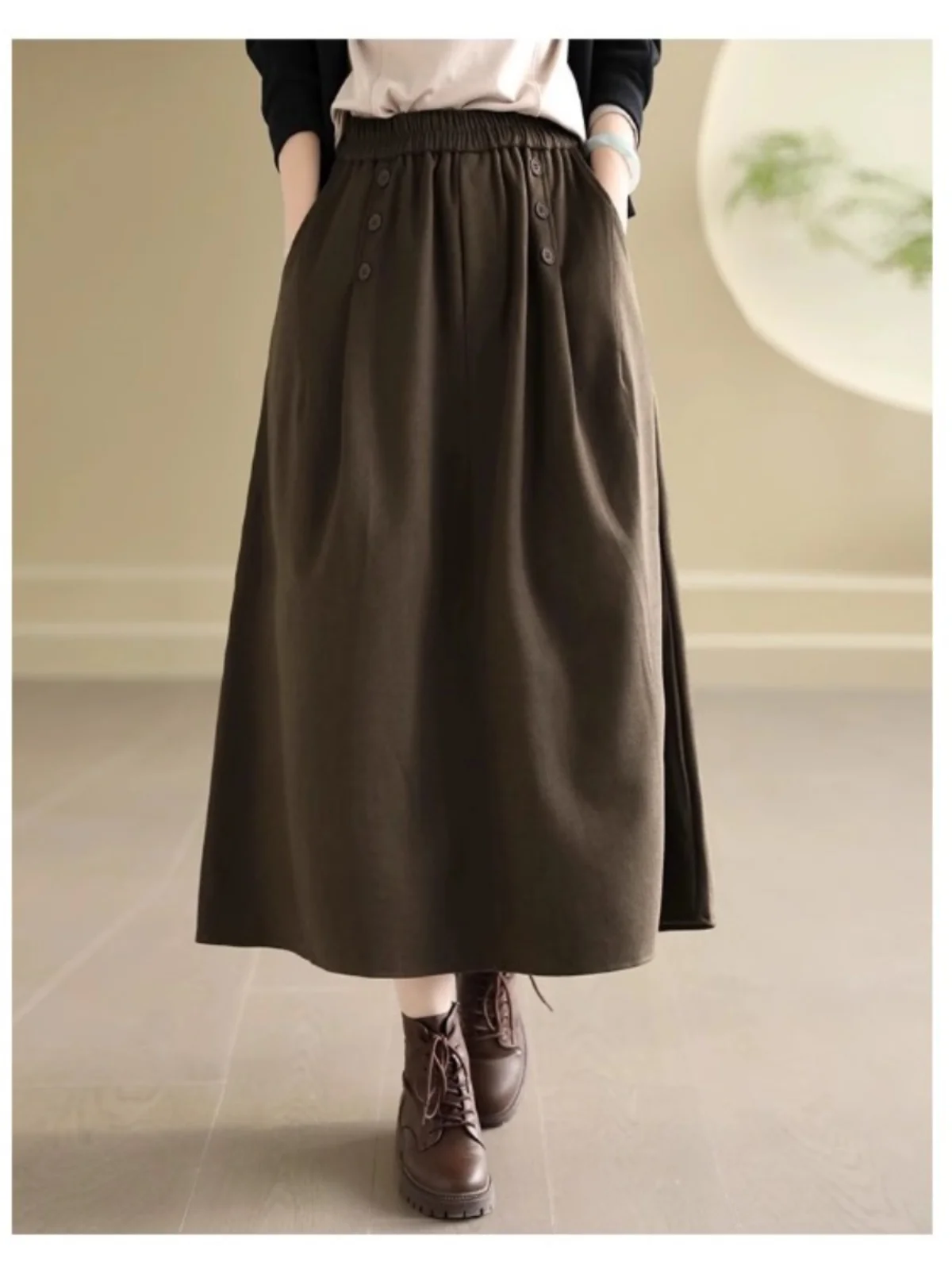 الرجعية الصوفية ألف خط ميدي تنورة المرأة الخريف الشتاء حجم كبير إخفاء الورك التخسيس عادية واسعة هيم تنورة عالية الخصر #1