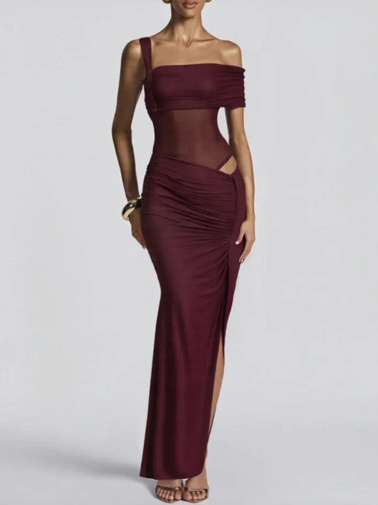 

One Shoulder Backless Sexy Maxi Dress Women Elegant Strapless Sleeveless Thigh High Split Club Party Long Dress Female