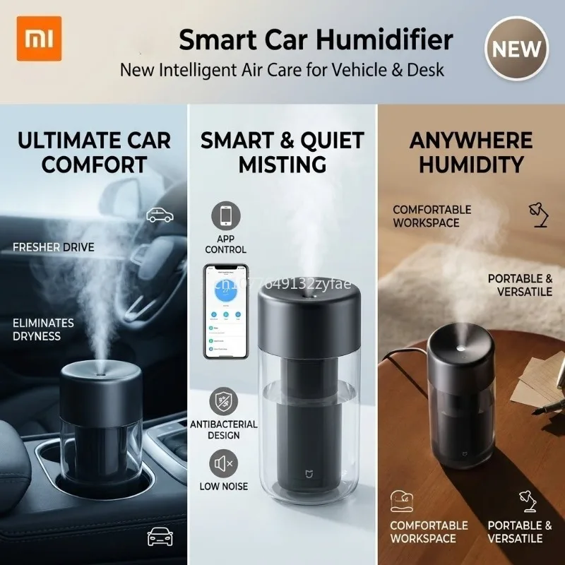 Humidificateur intelligent Xiaomi pour voiture, humidificateur portable sans fil, humidification par circulation d'eau active, atomisation par micro-trous, cadeau pour voiture
