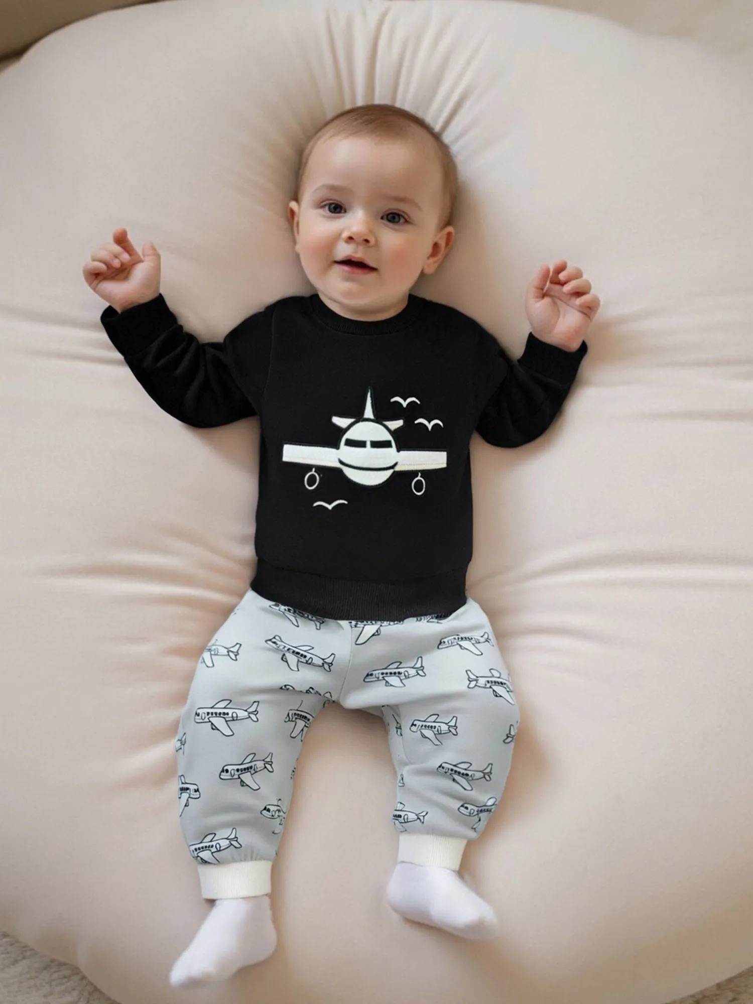 طفل رضيع ملابس الخريف طائرة التطريز سترة مطبوعة مرونة الخصر السراويل 2 قطعة الزي مجموعة للأطفال الصغار #4