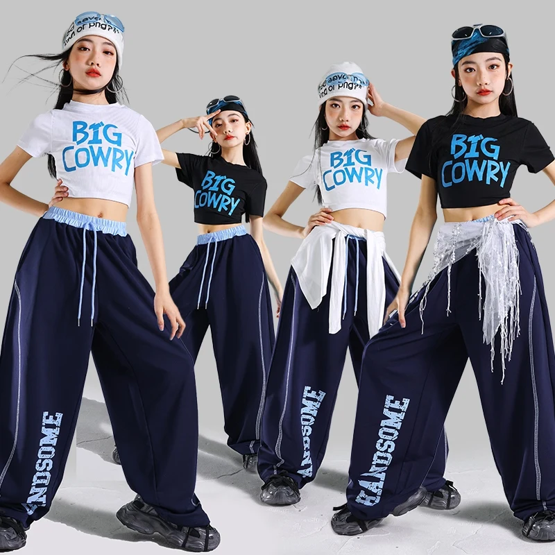 

Jazz Dance Costumes Kids Performance Outfit White Top Hip Hop Navy Blue Trousers Street Dance Clothes Dancer Training Wear 2030