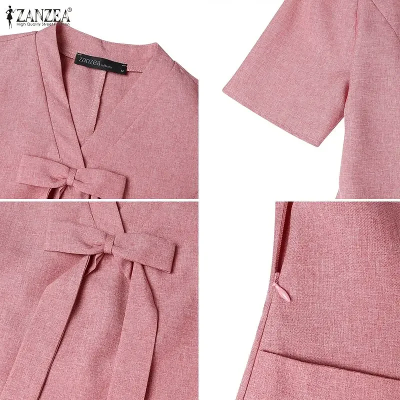 ZANZEA-vestidos elegantes de oficina para mujer, Vestido de fiesta con cuello de pico, Vestido liso de trabajo hasta la rodilla, Vestido de manga corta 2026