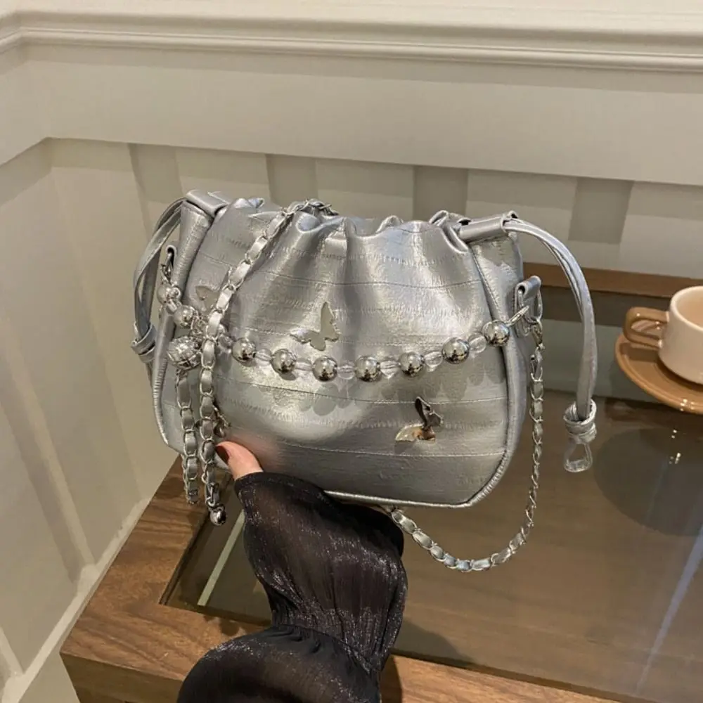 

PU Leather Butterfly Crossbody Bag Bead Chain Korean Style Y2k Shoulder Bag Adjustable Shoulder Strap Aesthetic