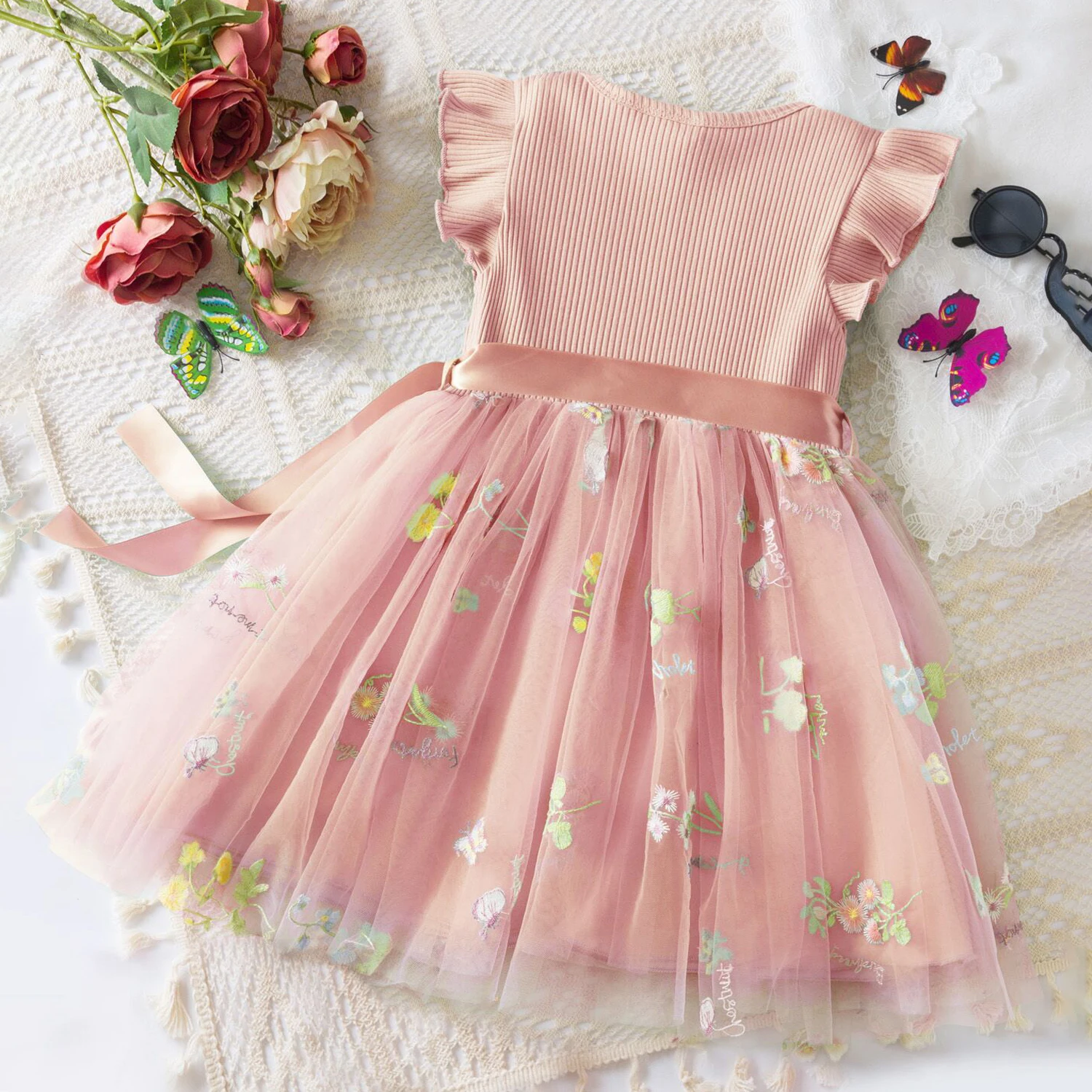 Baby Girls Birthday Princess Dress Flower Embroidered Flying Sleeve Mesh Dress Infant Summer Girls Party Beach Holiday Clothing