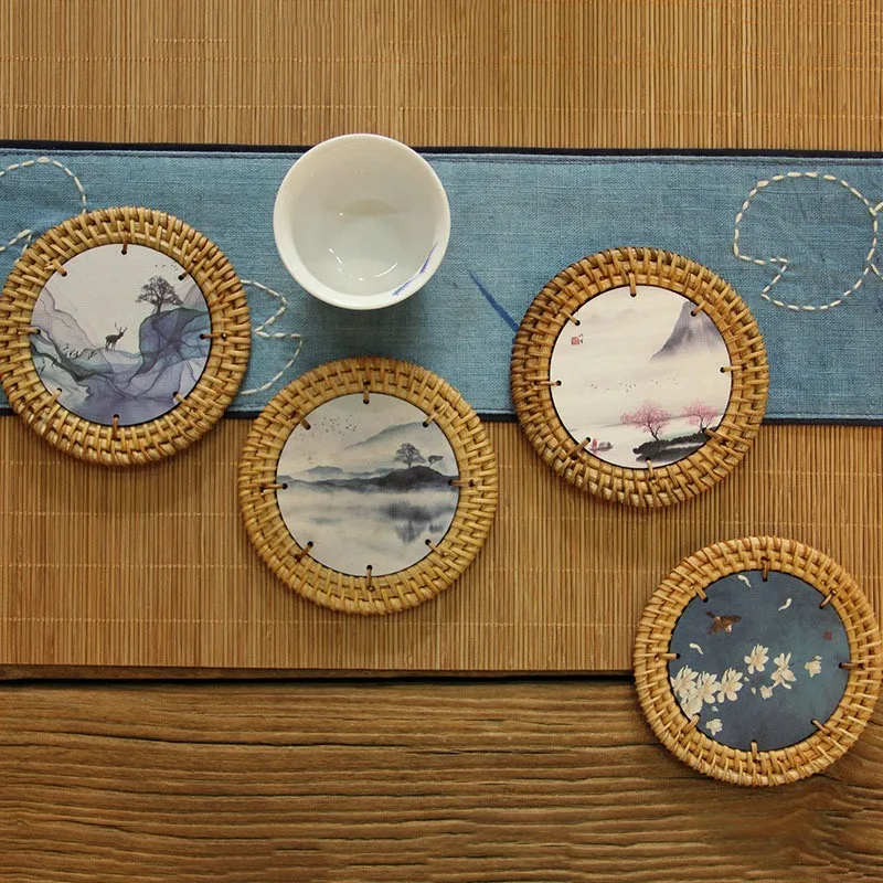 

Handmade Rattan Coaster Heat Insulation and Anti-slip Cup Pad Reusable Mug Mat Kitchen Tableware Set Table Protector Accessories