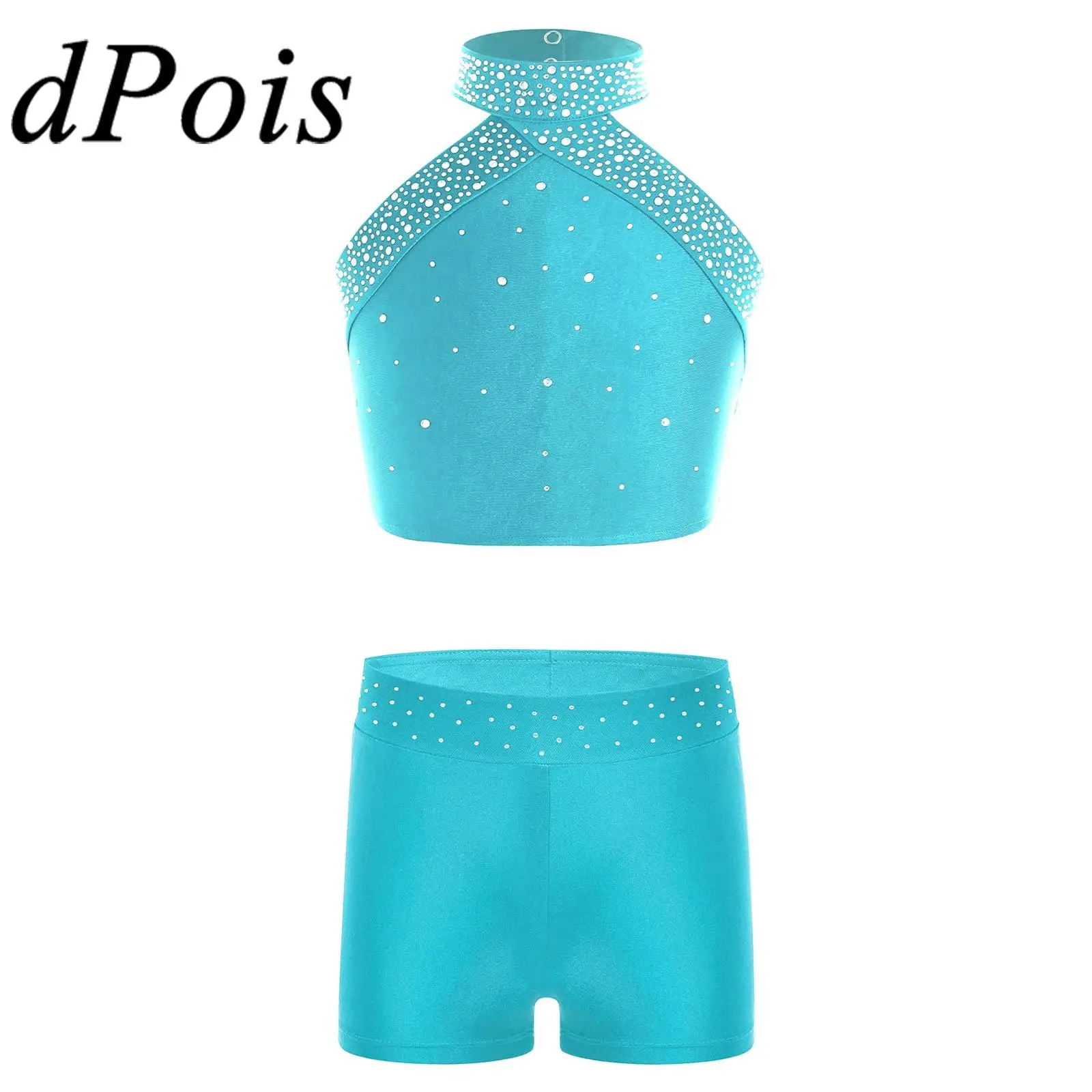 

Kids Girls Ballet Dance Outfit Figure Skating Dress Shiny Rhinestones Halter Neck Tanks Vest with Shorts Children Dancewear Sets