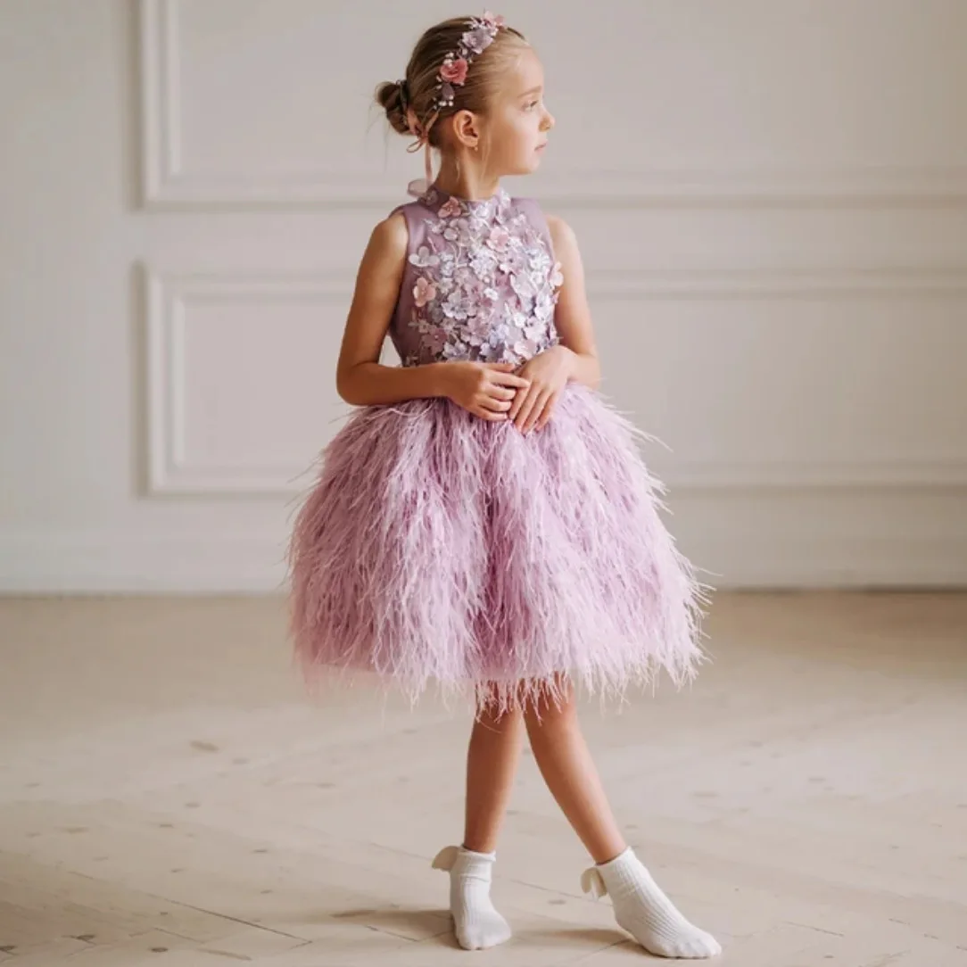 

Jill Wish M024 Girls' Lavender 3D Floral Dress with Fluffy Feather Tulle Skirt - High Neck Wedding Party Birthday Pageant Gown