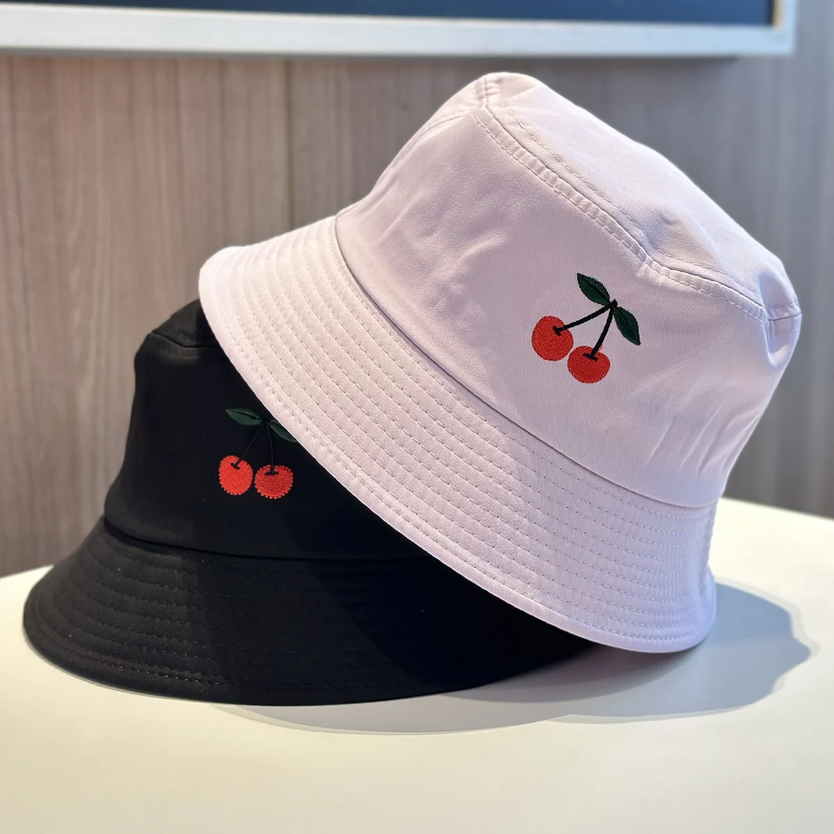 Embroidery Cherry Popular Unisex Summer Bucket Hat Women Solid Students Fisherman Cap Breathable Outdoor Travel Sunshade Gift