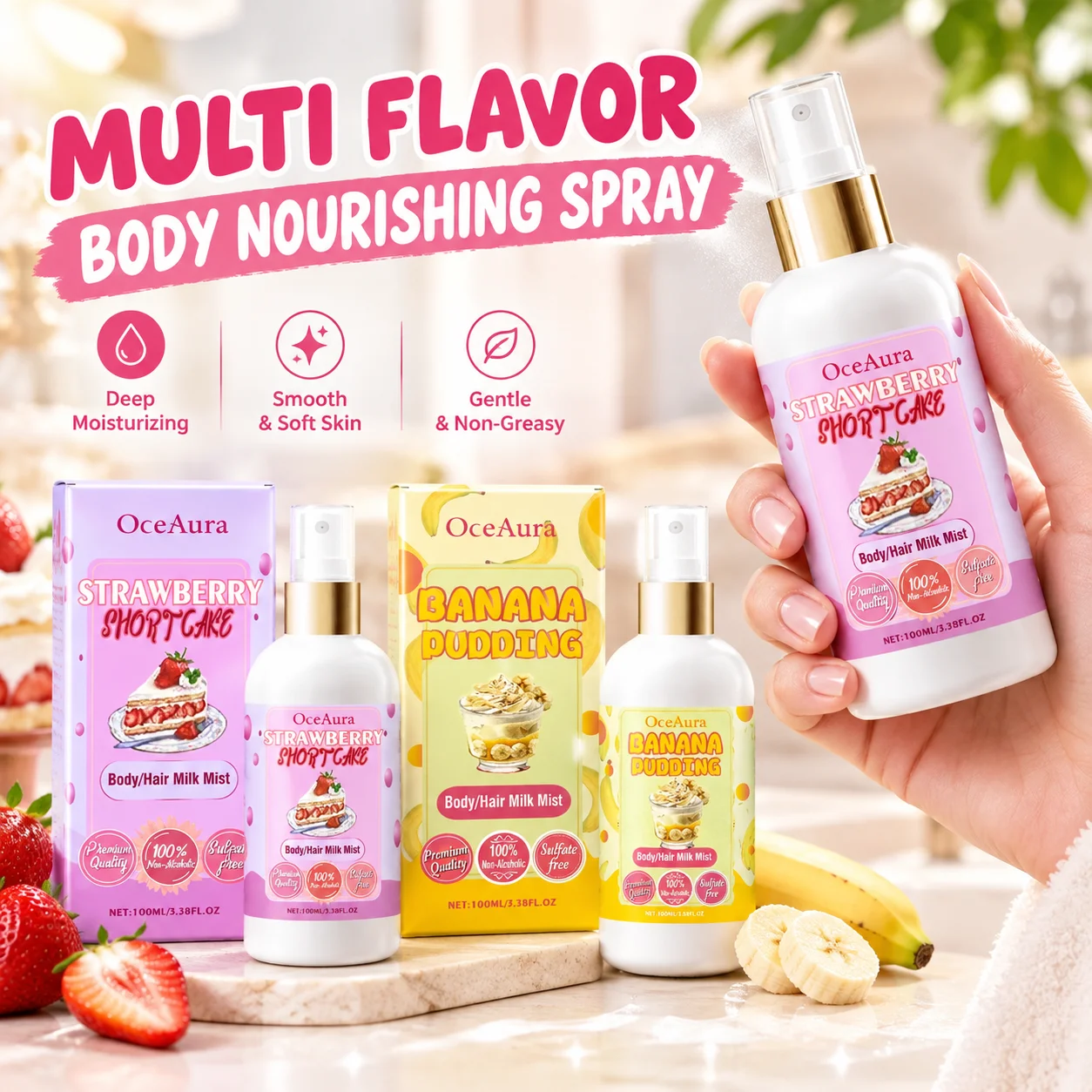 OceAura Body Moisturizer Spray, Multiple Flavors Available, Long Lasting Hydration Non-Greasy Body Perfume Moisturizing Mist