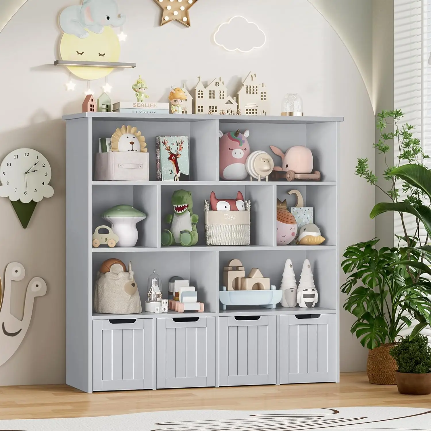 Toy Storage Organizer, 4 Movable Chests, 7 Cubes, Grey