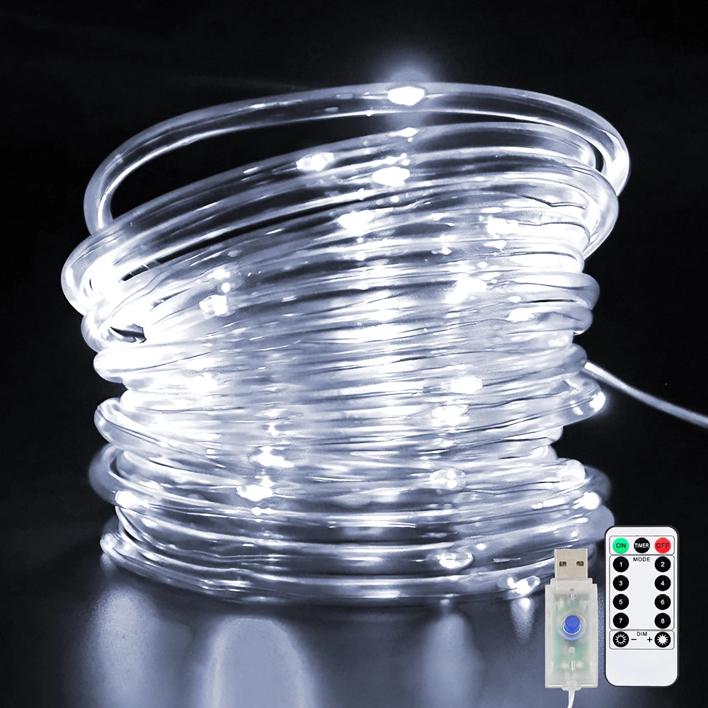 DC5V USB Powered LED Garland String Rope Light Waterproof 7M 12M 22M 8 Modes Christmas Wedding Party Decoration Clear Tube Lamp