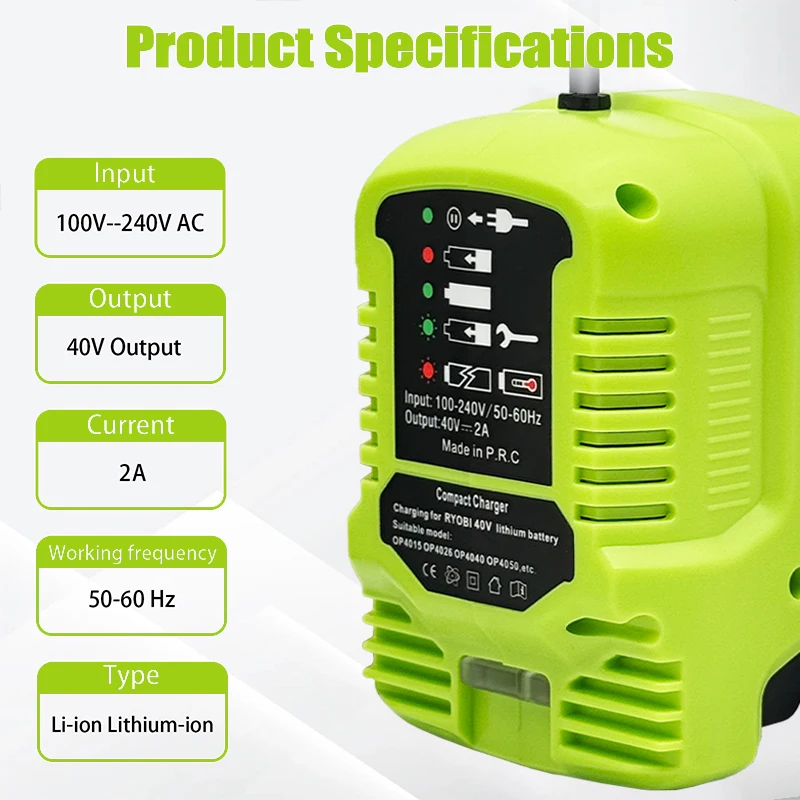 Portable Li-ion Battery Charger Suitable for Ryobi 40V OP4015,OP4026 Li-ion Batteries Compact Charger with LED Indicator US Plug
