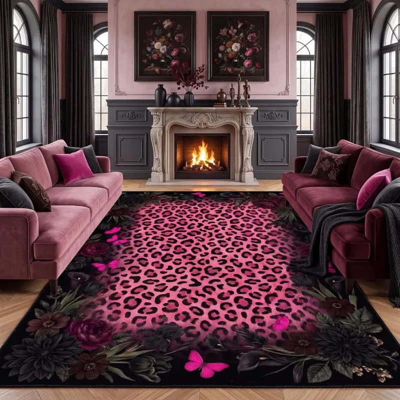 American‑Style Black‑Pink Leopard Floral Large Area Rug Vintage Rose & Butterfly Pattern Carpet for Living Room Home Decor Mat