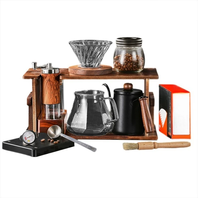 

P-over coffee pot set premium wood stand home coffee utensils full set of hand crank grinder hand grinder coffee maker