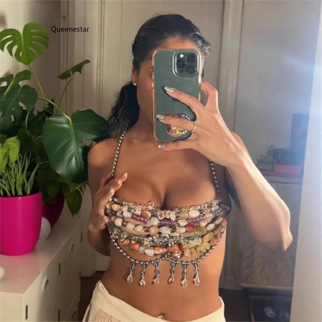 Wholesale Mixed Stone Acrylic Beaded Beast Chain Bikini Crop Tops Sexy Night Clubwear Crystal Beads Breast Body Jewelry Tops