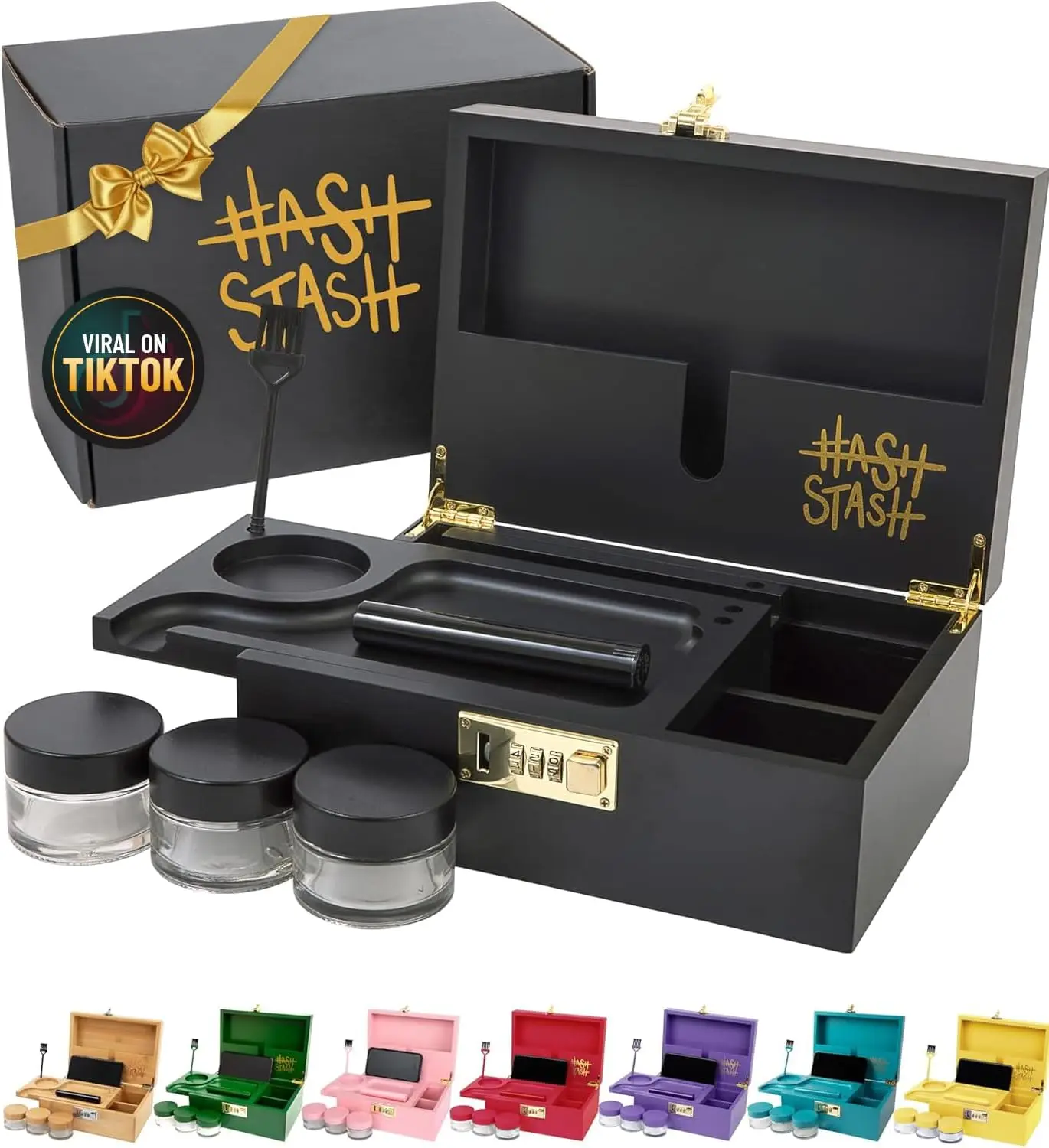 

Большой бамбуковый ящик для хранения с замком, подносом-органайзером, герметичными баночками и трубкой — декоративная деревянная коробка черного/золотого цвета