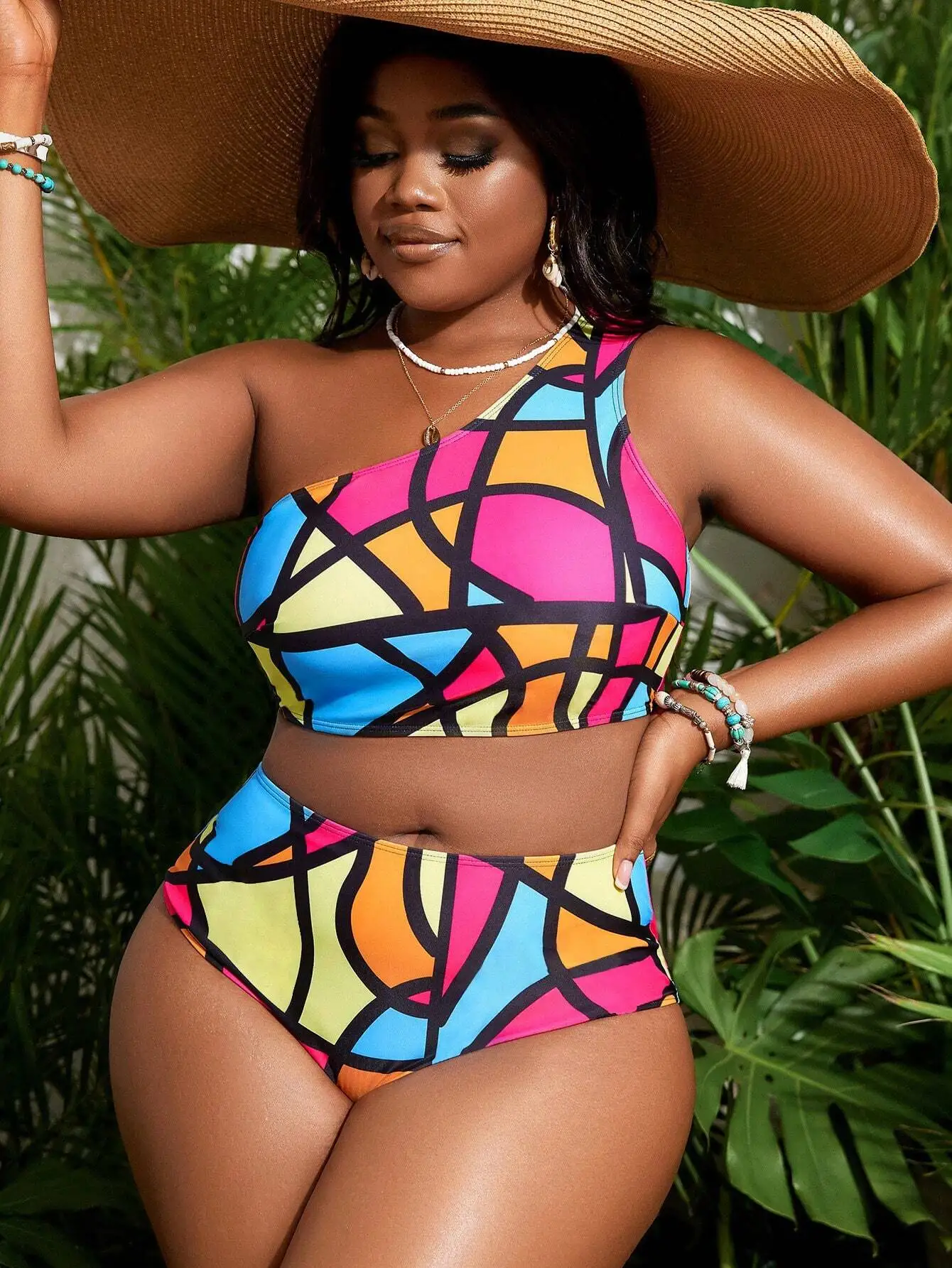 

Купальник из двух частей с высокой талией, геометрическим узором и одним открытым плечом, больших размеров, для тропических летних отпусков