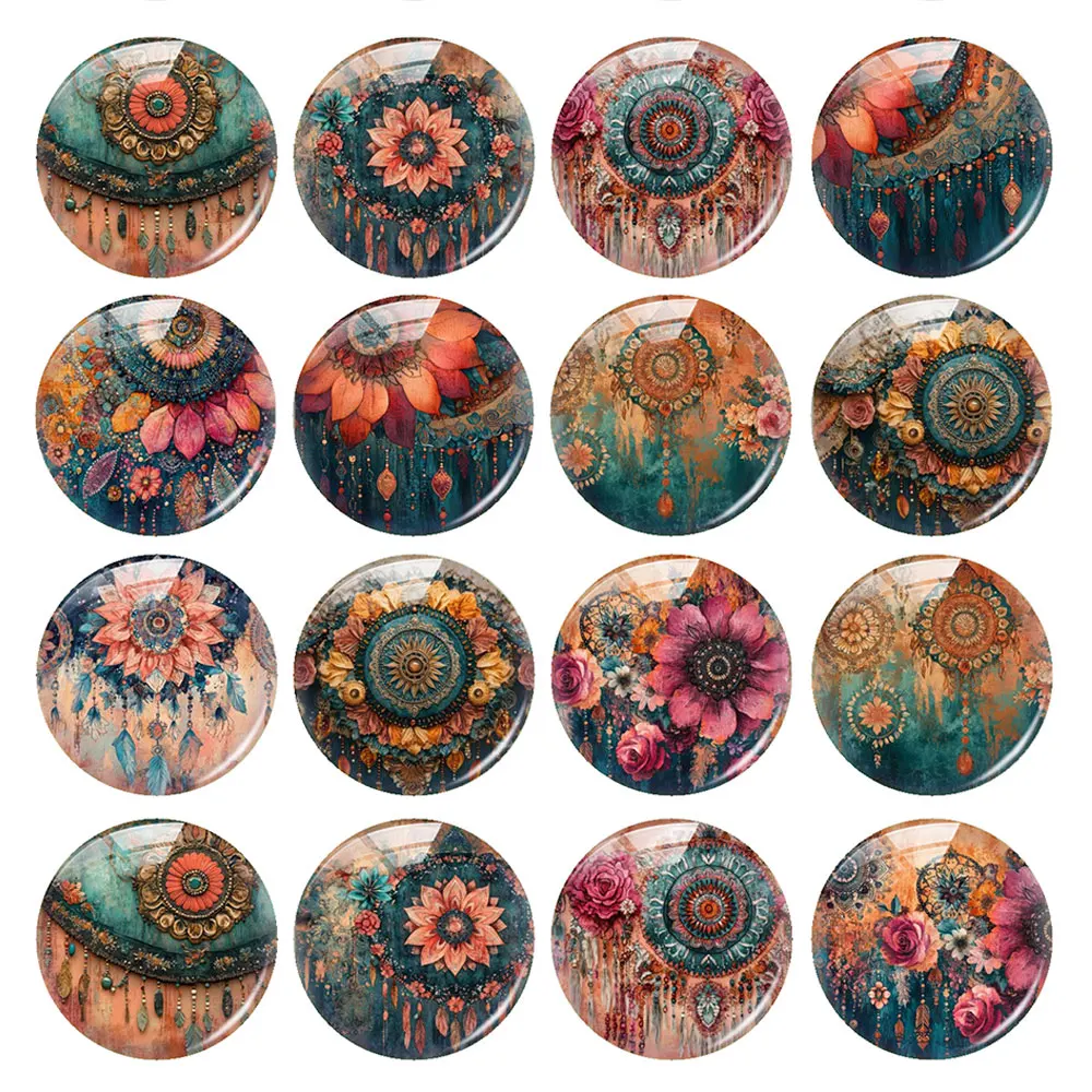 Random Mixed Round/Oval/Square Flower Bohemian Style Photo Glass Cabochon Flatback Demo Cameo For Diy Jewelry Making