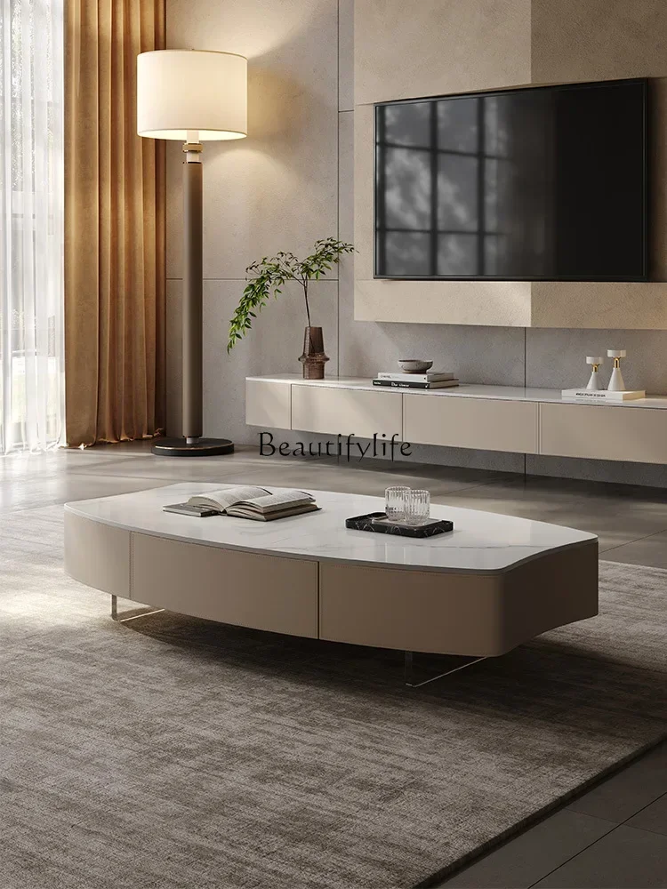 

13Saddle leather coffee table Modern simple living room Italian minimalist rock slab rectangular special-shaped coffee table