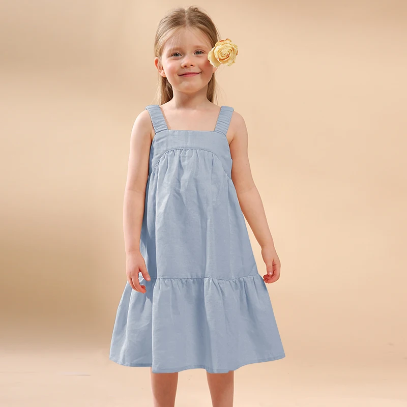 Girls Sweet Ruffles Linen Straps Dress Summer New Baby Girl Cotton And Linen Loose Casual Vacation Backless Sleeveless Dresses