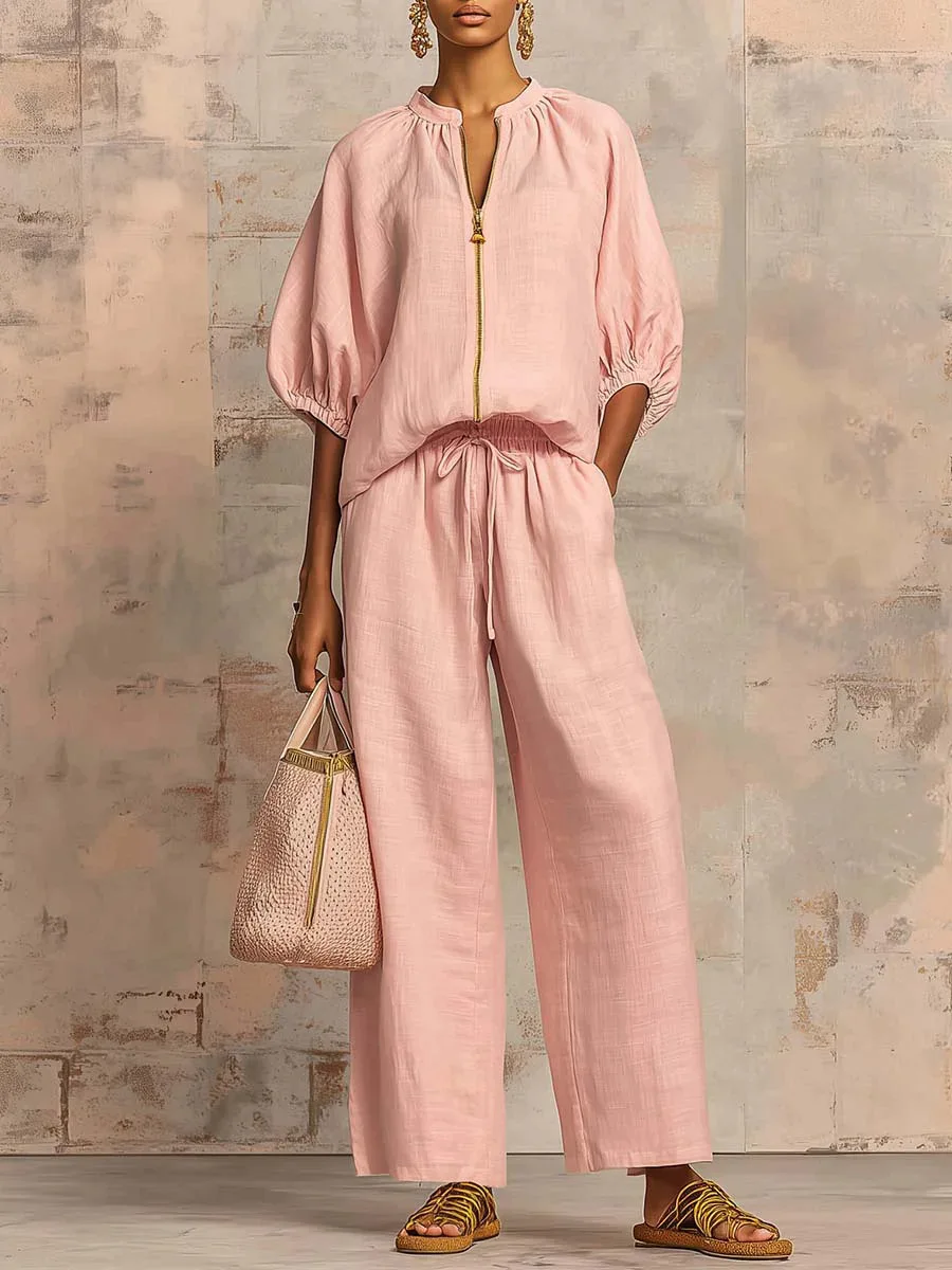 

New Summer Casual Pant Sets Solid Zipper Cardigan Top Long Sleeve Elastic Waist Loose Trousers Women Fashion Two Pieces Outfit