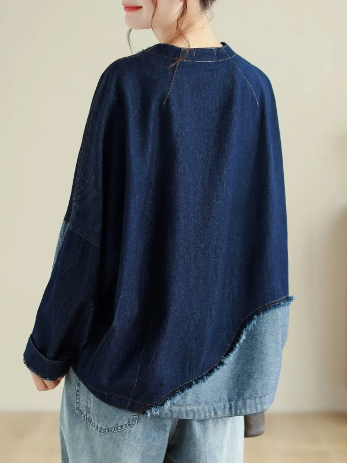 Women Unique Design Vintage Patchwork Splicing Frayed Short Version Jacket Casual V Neck Open Stitch Versatile Outerwear Coats